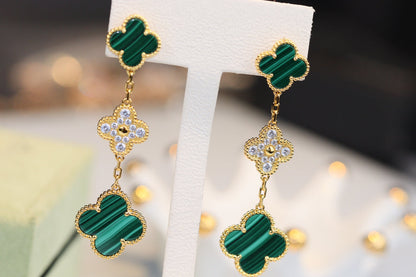 [OrnoraJewelry]CLOVER EARRINGS GOLD MALACHITE DIAMOND 3 MOTIF