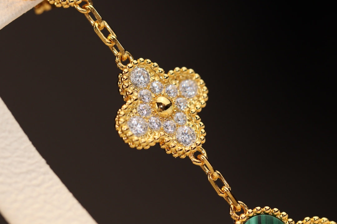 [OrnoraJewelry]CLOVER EARRINGS GOLD MALACHITE DIAMOND 3 MOTIF