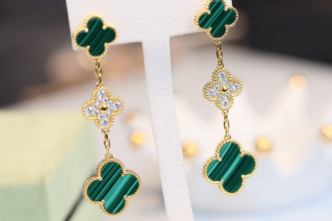 [OrnoraJewelry]CLOVER EARRINGS GOLD MALACHITE DIAMOND 3 MOTIF