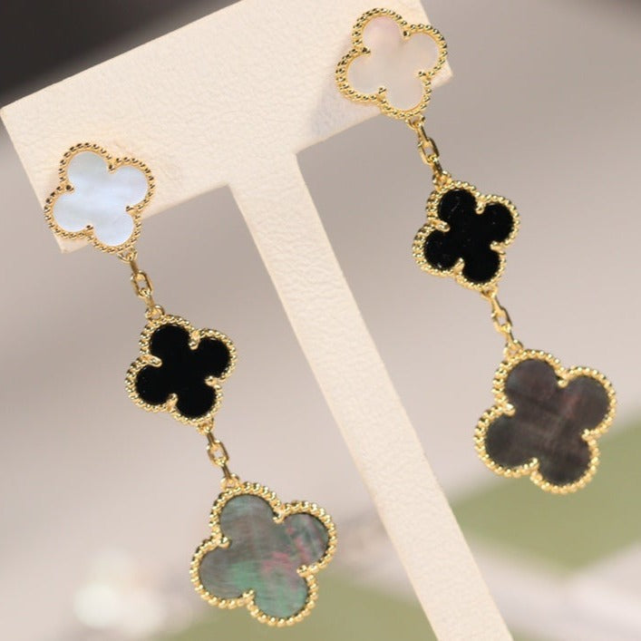 [OrnoraJewelry]CLOVER EARRINGS GOLD ONYX MOP 3 MOTIF
