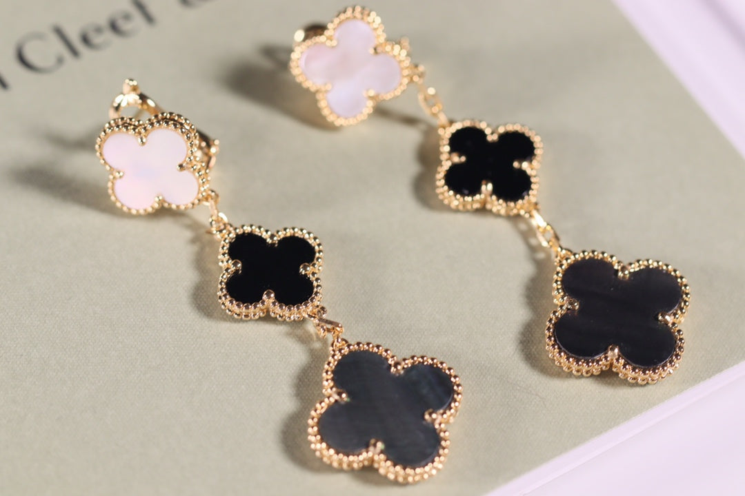 [OrnoraJewelry]CLOVER EARRINGS GOLD ONYX MOP 3 MOTIF