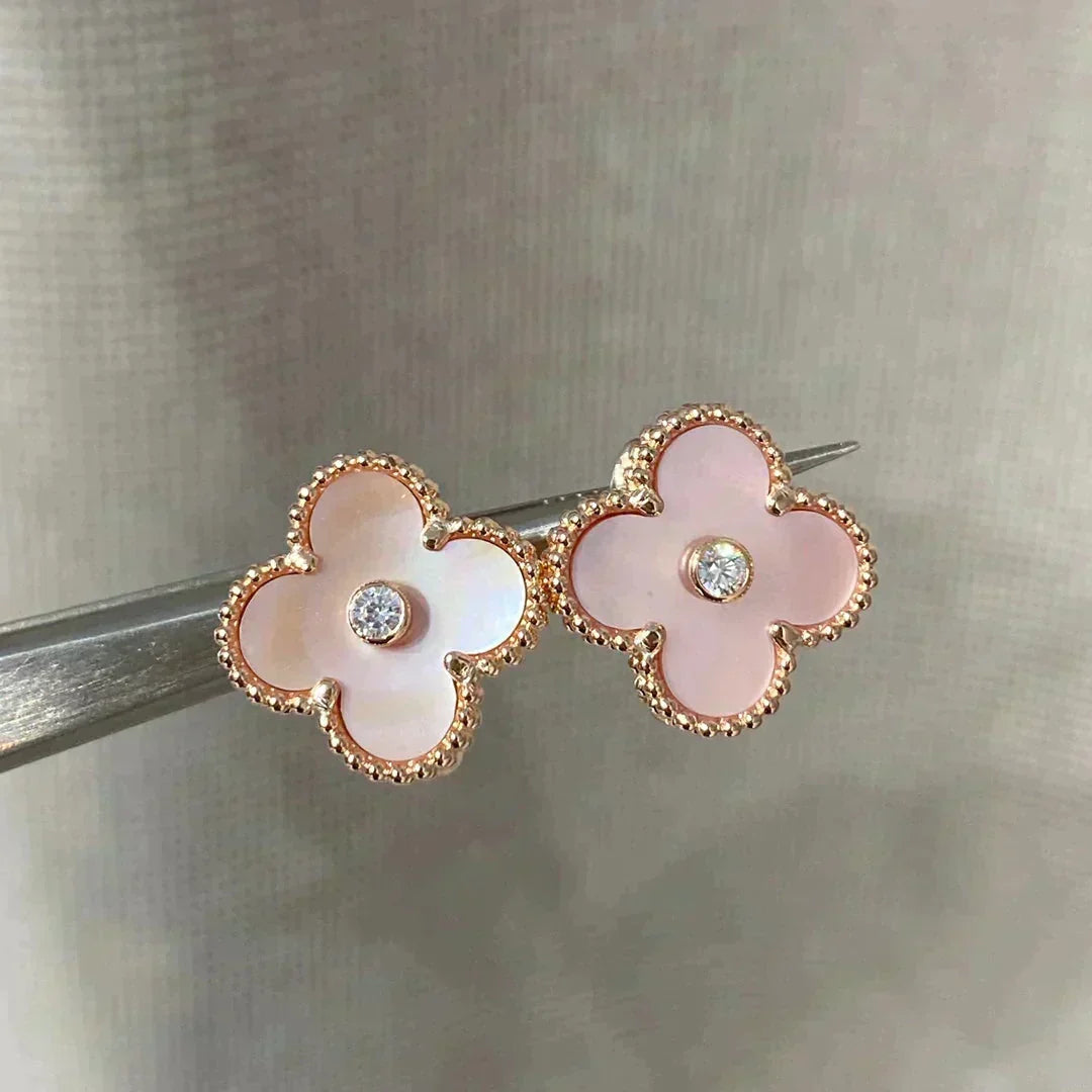 [OrnoraJewelry]CLOVER MEDIUM 1 MOTIFS  PINK MOP DIAMOND EARRINGS