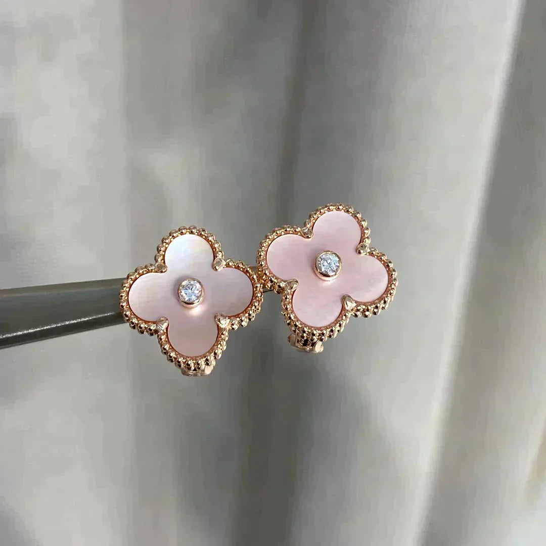 [OrnoraJewelry]CLOVER MEDIUM 1 MOTIFS  PINK MOP DIAMOND EARRINGS