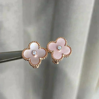 [OrnoraJewelry]CLOVER MEDIUM 1 MOTIFS  PINK MOP DIAMOND EARRINGS
