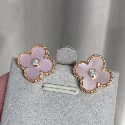 [OrnoraJewelry]CLOVER MEDIUM 1 MOTIFS  PINK MOP DIAMOND EARRINGS