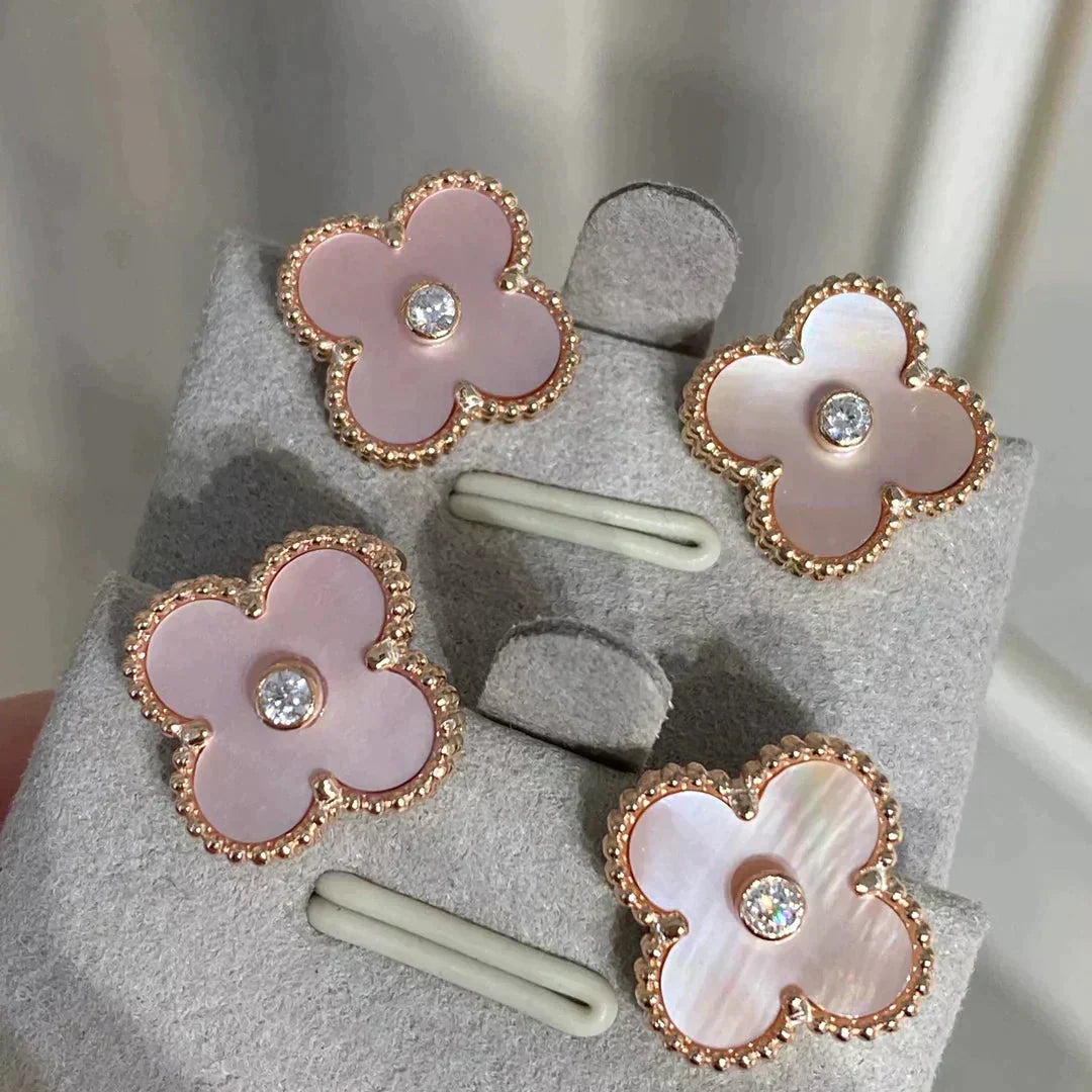 [OrnoraJewelry]CLOVER MEDIUM 1 MOTIFS  PINK MOP DIAMOND EARRINGS
