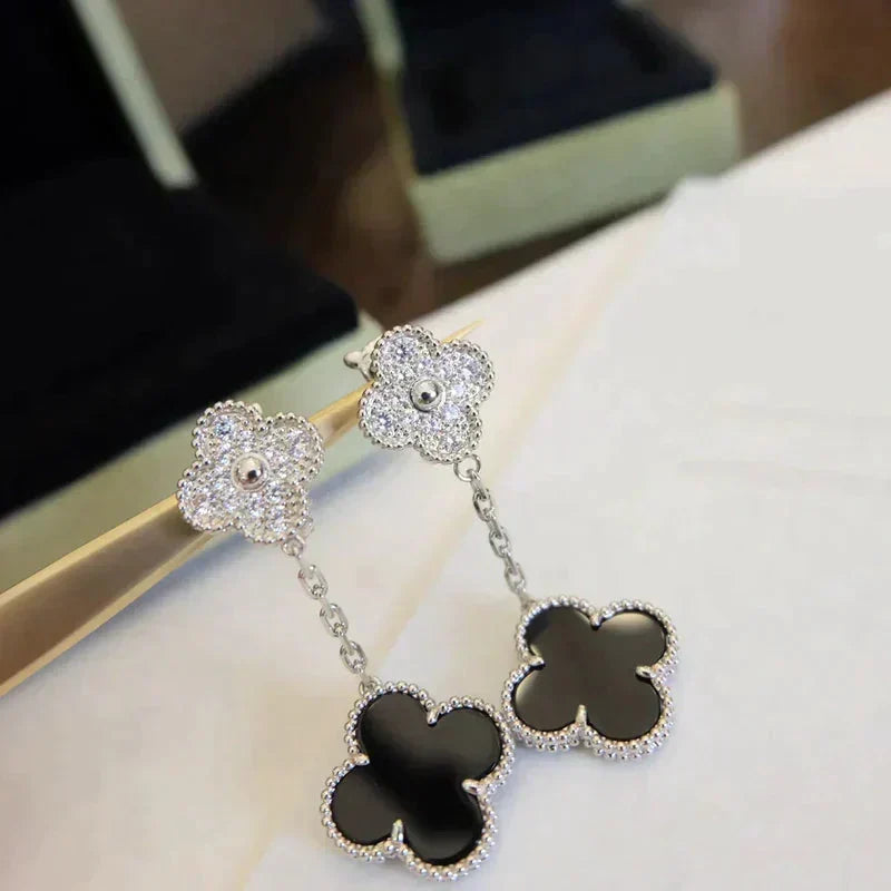 [OrnoraJewelry]CLOVER 2 MOTIFS  DIAMOND ONYX EARRINGS SILVER