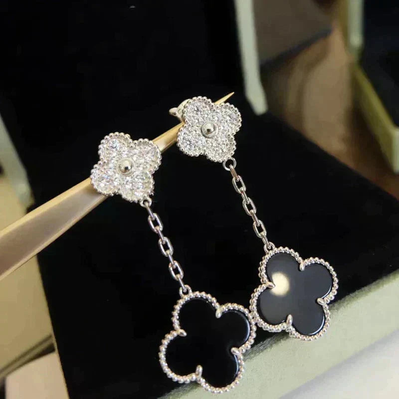 [OrnoraJewelry]CLOVER 2 MOTIFS  DIAMOND ONYX EARRINGS SILVER