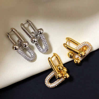 [Ornora Jewelry]HARDWARE DROP EARRINGS DOUBLE LINK DIAMOND