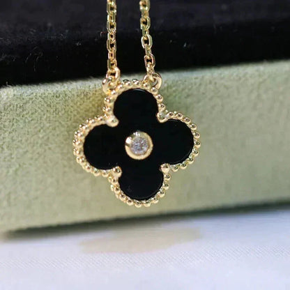 [OrnoraJewelry]CLOVER 15MM DIAMOND ONYX NECKLACE