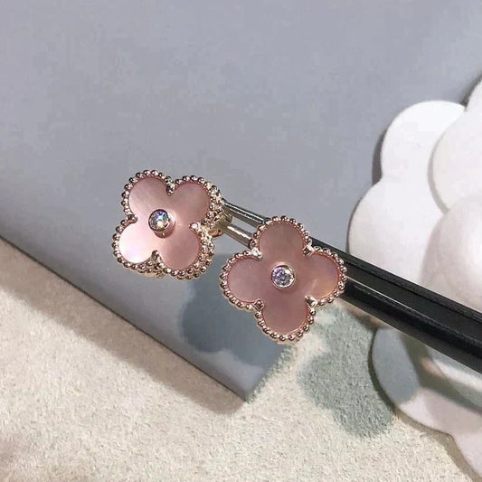 [OrnoraJewelry]CLOVER MEDIUM 1 MOTIFS  PINK MOP DIAMOND EARRINGS