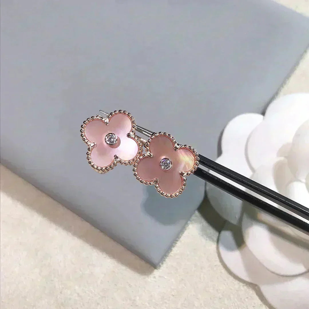 [OrnoraJewelry]CLOVER MEDIUM 1 MOTIFS  PINK MOP DIAMOND EARRINGS
