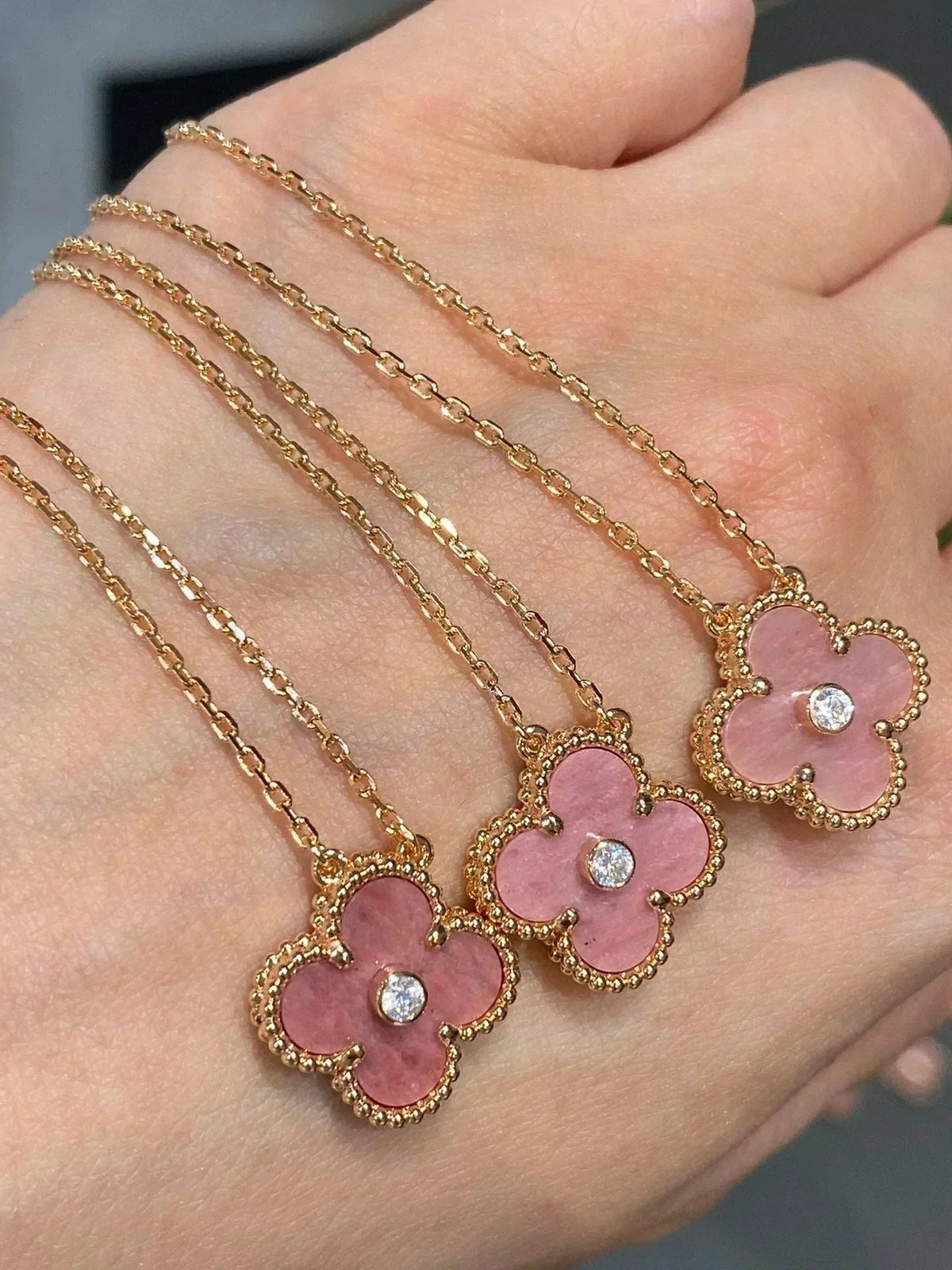 [OrnoraJewelry]CLOVER 15MM DIAMOND RHODONITE NECKLACE