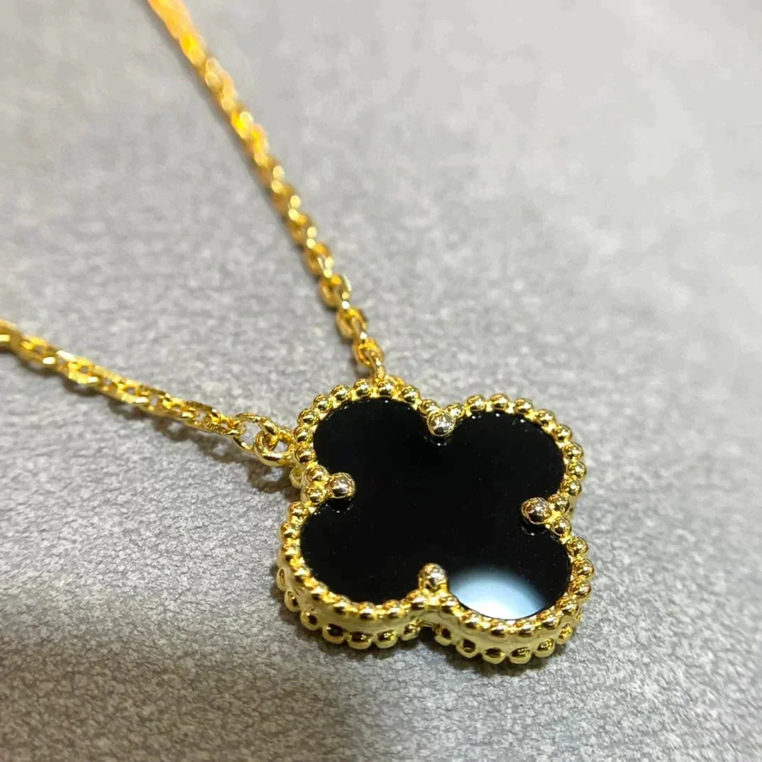 [OrnoraJewelry]CLOVER 15MM BLACK ONYX SINGLE FLOWER NECKLACE