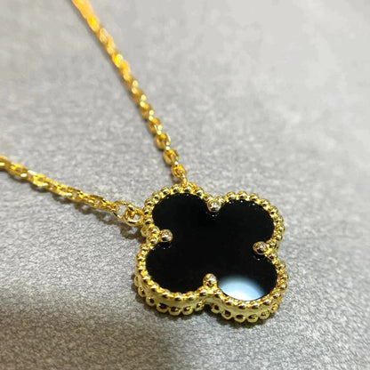 [OrnoraJewelry]CLOVER 15MM BLACK ONYX SINGLE FLOWER NECKLACE
