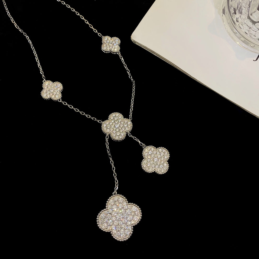 [OrnoraJewelry]CLOVER 5 MOTIFS SILVER DIAMONDS NECKLACE