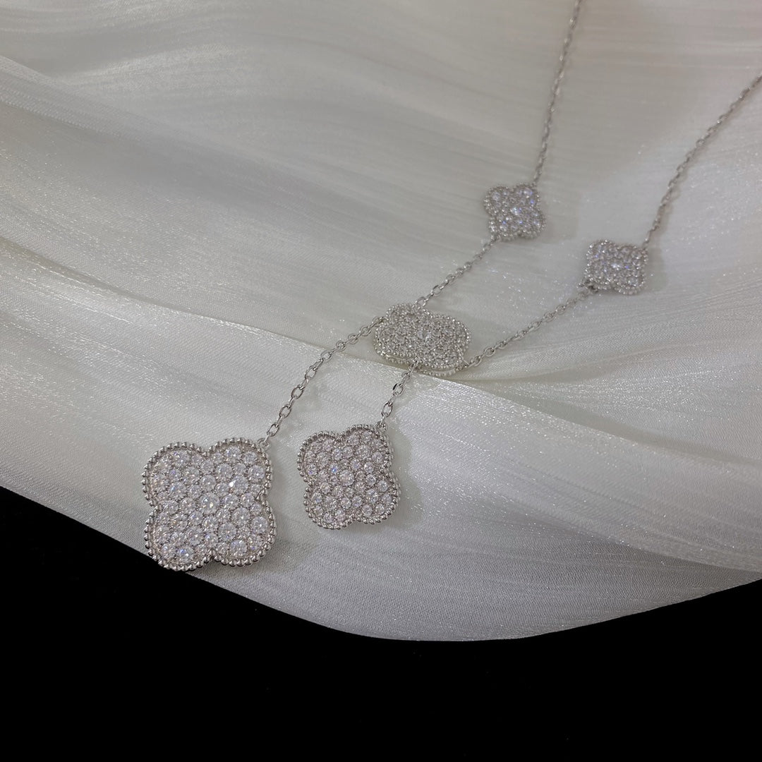 [OrnoraJewelry]CLOVER 5 MOTIFS SILVER DIAMONDS NECKLACE