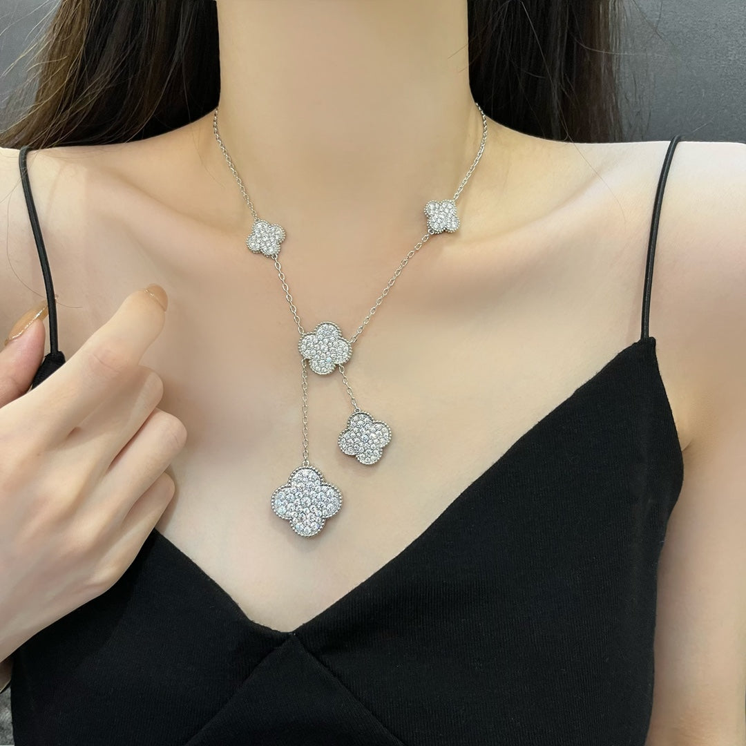 [OrnoraJewelry]CLOVER 5 MOTIFS SILVER DIAMONDS NECKLACE