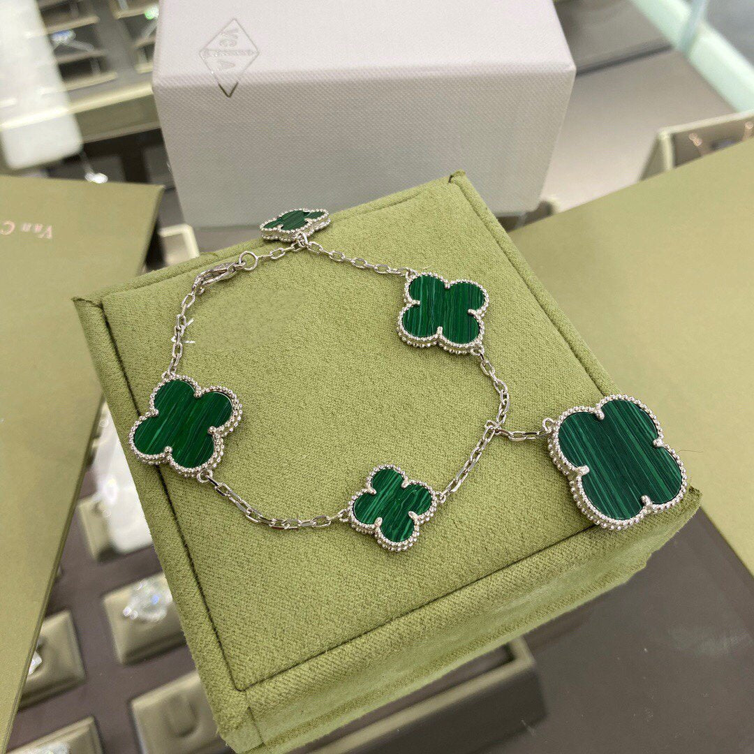 [OrnoraJewelry]CLOVER 5 MOTIFS SIVLER MALACHITE BRACELET