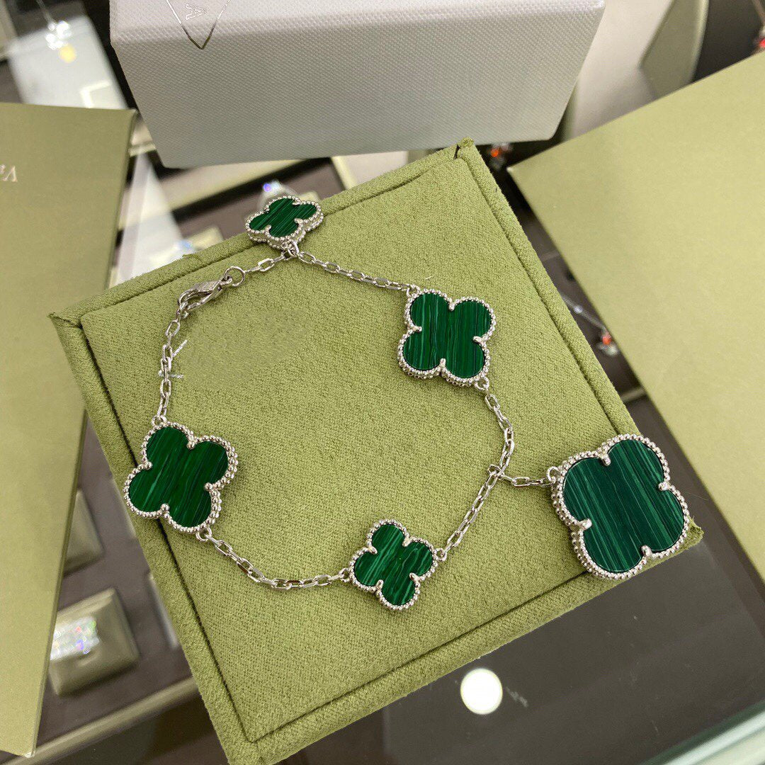 [OrnoraJewelry]CLOVER 5 MOTIFS SIVLER MALACHITE BRACELET