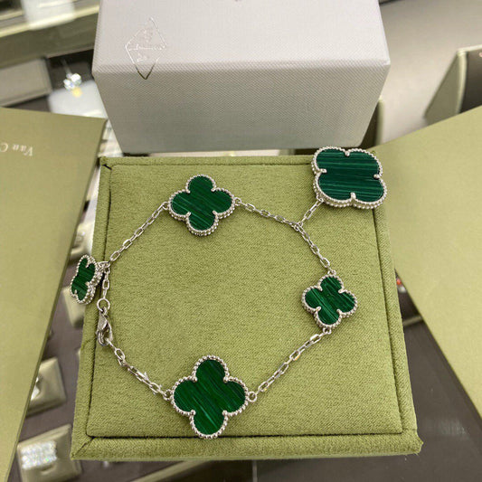 [OrnoraJewelry]CLOVER 5 MOTIFS SIVLER MALACHITE BRACELET