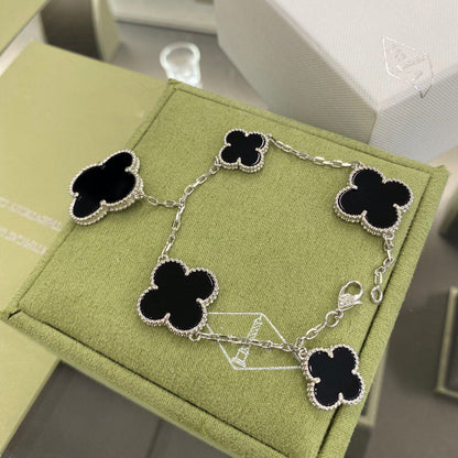 [OrnoraJewelry]CLOVER 5 MOTIFS SIVLER ONYX BRACELET