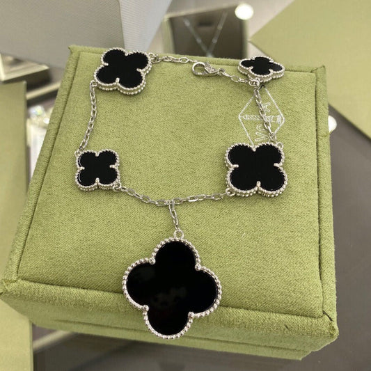 [OrnoraJewelry]CLOVER 5 MOTIFS SIVLER ONYX BRACELET
