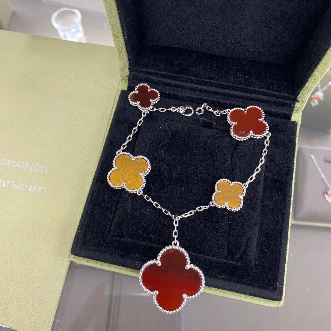 [OrnoraJewelry]CLOVER 5 MOTIFS SIVLER CARNELIAN TIGER EYE BRACELET
