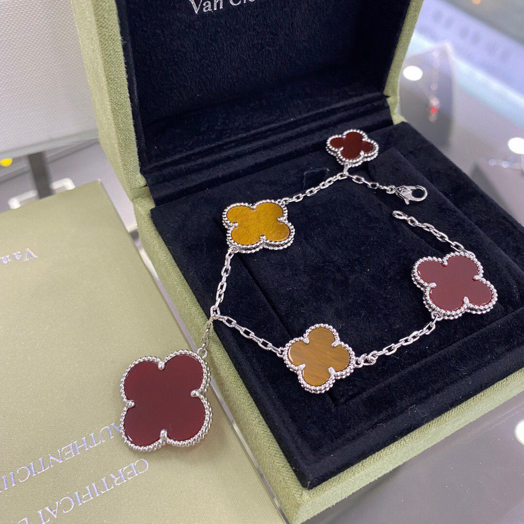[OrnoraJewelry]CLOVER 5 MOTIFS SIVLER CARNELIAN TIGER EYE BRACELET