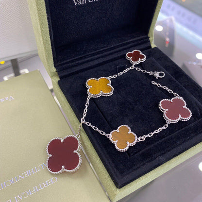 [OrnoraJewelry]CLOVER 5 MOTIFS SIVLER CARNELIAN TIGER EYE BRACELET