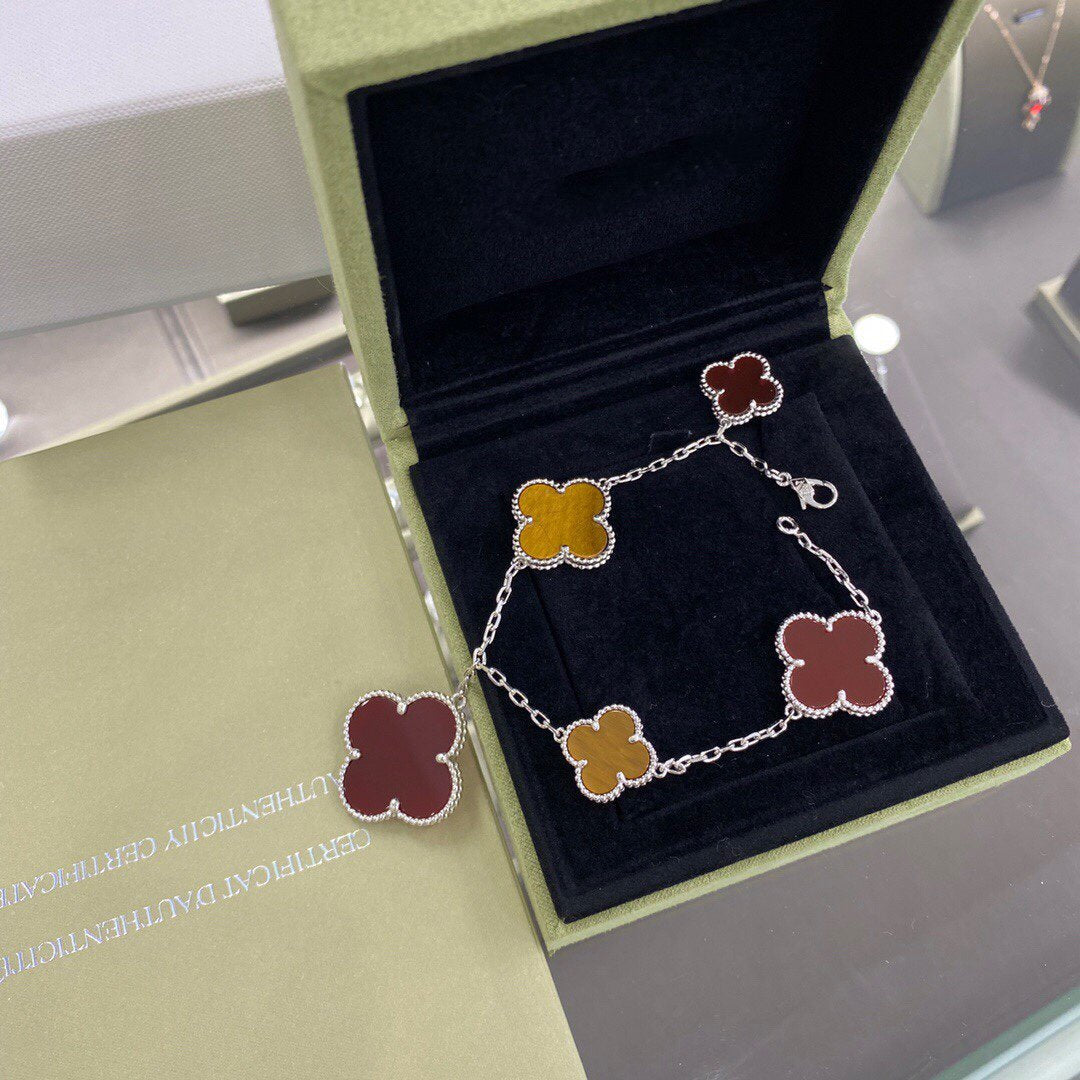 [OrnoraJewelry]CLOVER 5 MOTIFS SIVLER CARNELIAN TIGER EYE BRACELET