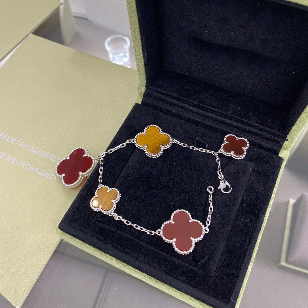 [OrnoraJewelry]CLOVER 5 MOTIFS SIVLER CARNELIAN TIGER EYE BRACELET