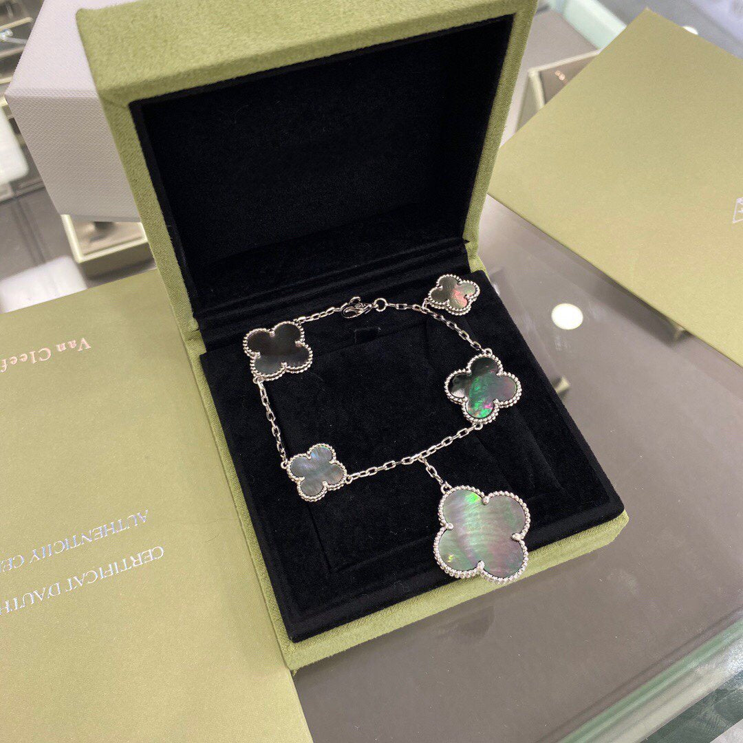 [OrnoraJewelry]CLOVER 5 MOTIFS SIVLER DARK MOP BRACELET