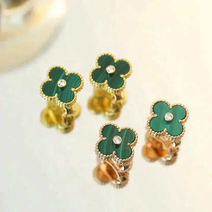 [OrnoraJewelry]CLOVER MEDIUM 1 MOTIFS MALACHITE DIAMOND EARRINGS