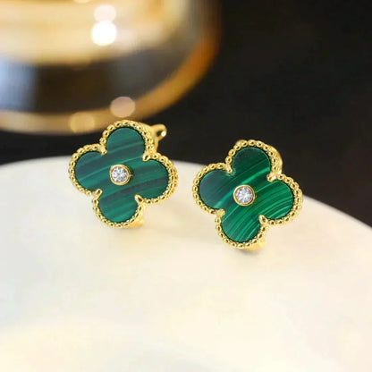 [OrnoraJewelry]CLOVER MEDIUM 1 MOTIFS MALACHITE DIAMOND EARRINGS