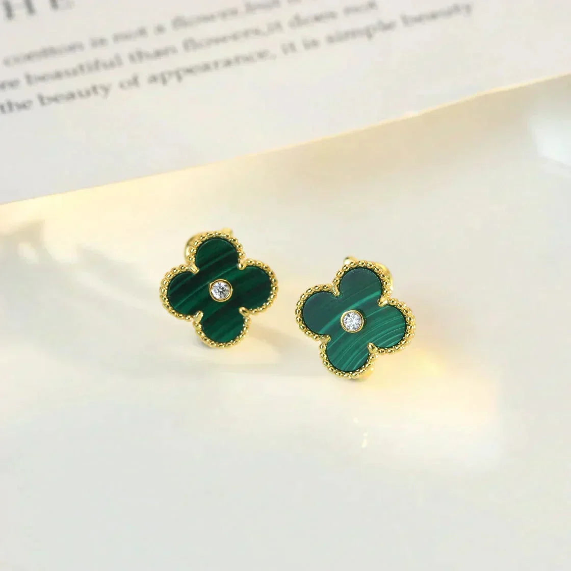 [OrnoraJewelry]CLOVER MEDIUM 1 MOTIFS MALACHITE DIAMOND EARRINGS
