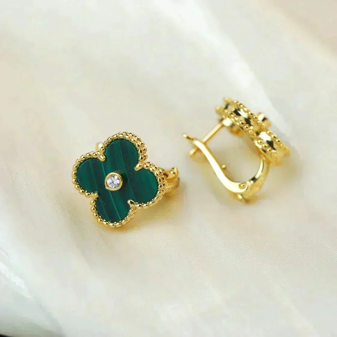 [OrnoraJewelry]CLOVER MEDIUM 1 MOTIFS MALACHITE DIAMOND EARRINGS