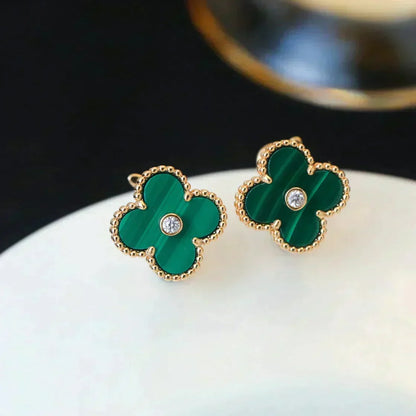 [OrnoraJewelry]CLOVER MEDIUM 1 MOTIFS MALACHITE DIAMOND EARRINGS