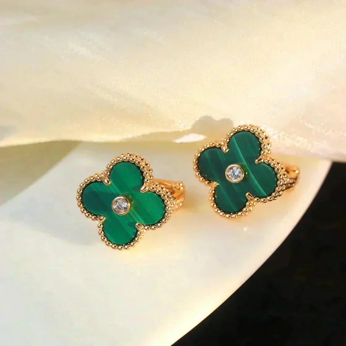 [OrnoraJewelry]CLOVER MEDIUM 1 MOTIFS MALACHITE DIAMOND EARRINGS