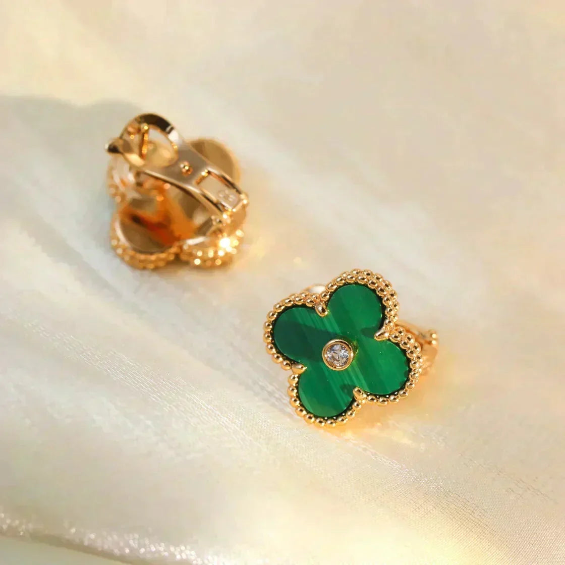 [OrnoraJewelry]CLOVER MEDIUM 1 MOTIFS MALACHITE DIAMOND EARRINGS