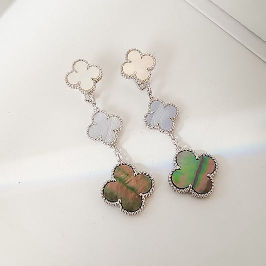 [OrnoraJewelry]CLOVER 3 MOTIFS CHALCEDONY DARK MOP SILVER EARRINGS