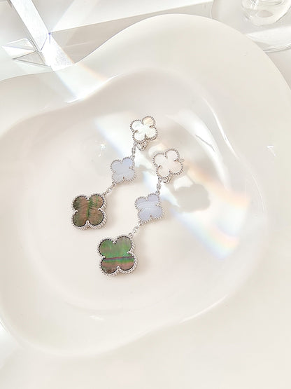[OrnoraJewelry]CLOVER 3 MOTIFS CHALCEDONY DARK MOP SILVER EARRINGS