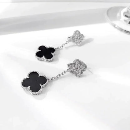 [OrnoraJewelry]CLOVER 2 MOTIFS  DIAMOND ONYX EARRINGS SILVER