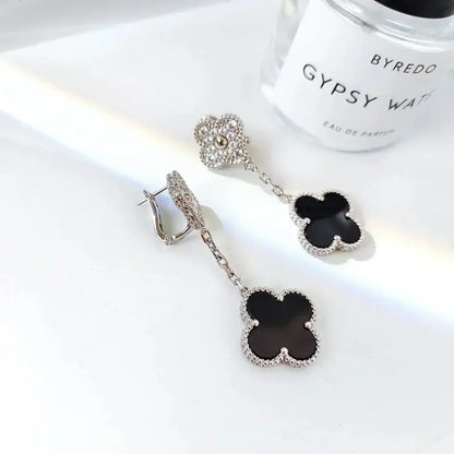 [OrnoraJewelry]CLOVER 2 MOTIFS  DIAMOND ONYX EARRINGS SILVER