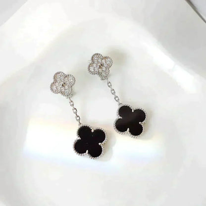 [OrnoraJewelry]CLOVER 2 MOTIFS  DIAMOND ONYX EARRINGS SILVER