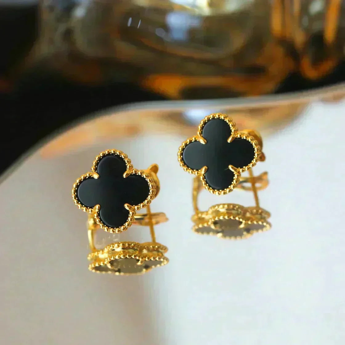 [OrnoraJewelry]CLOVER MEDIUM 1 MOTIFS  ONYX STUD EARRINGS