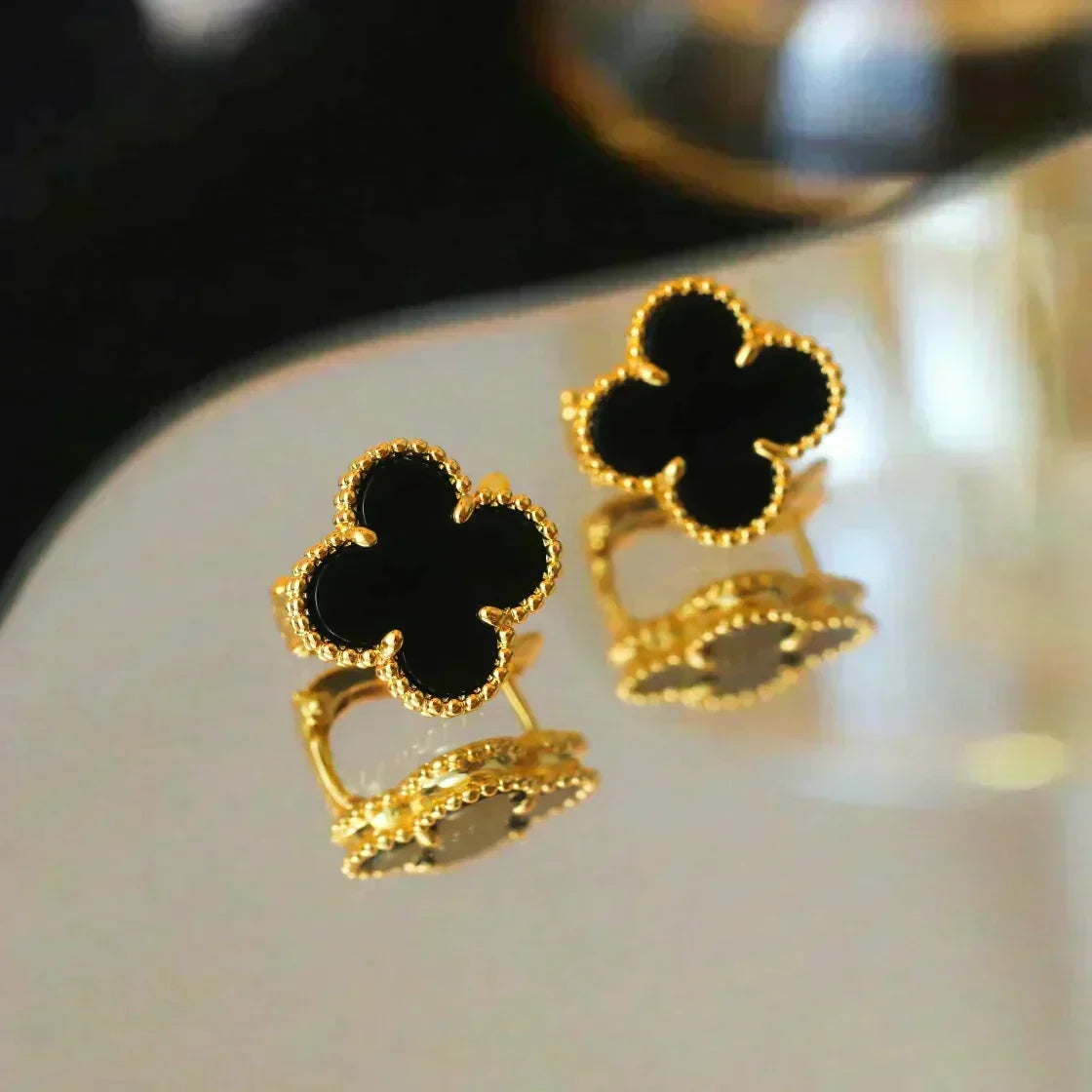 [OrnoraJewelry]CLOVER MEDIUM 1 MOTIFS  ONYX STUD EARRINGS