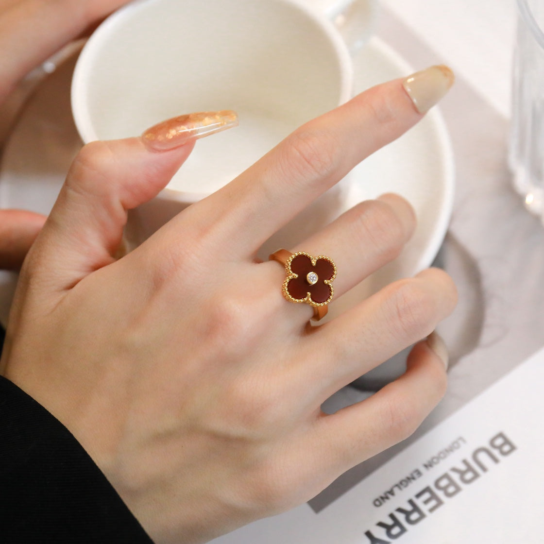 [OrnoraJewelry]CLOVER CARNELIAN RING ROSE GOLD DIAMOND