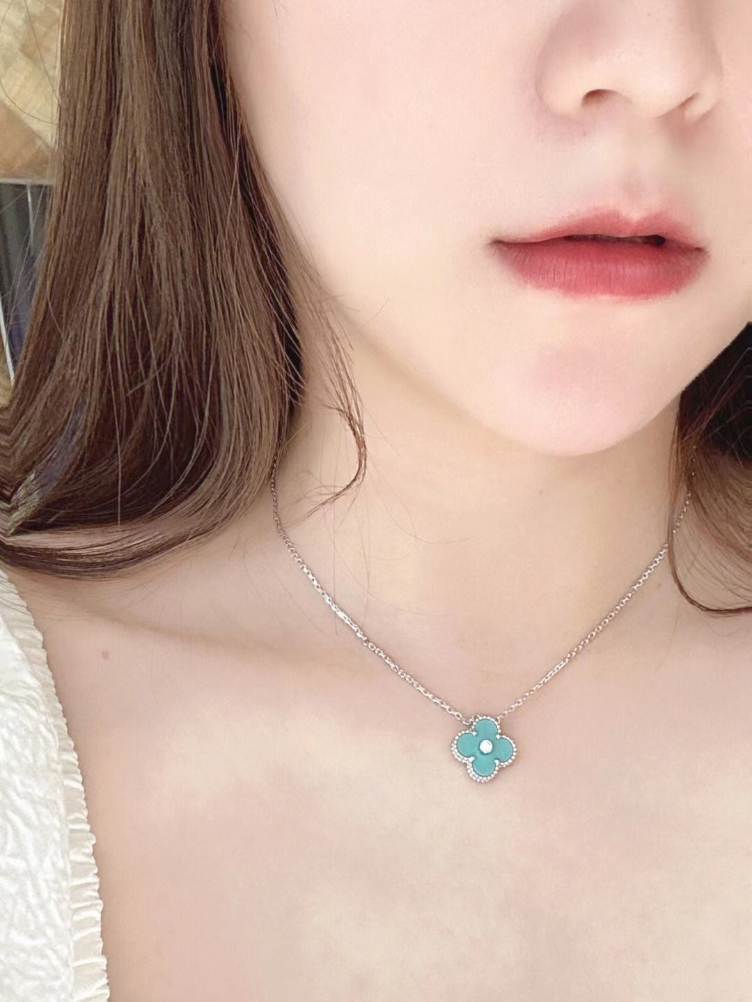 [OrnoraJewelry]CLOVER 1 DIAMOND LIGHT BLUE SILVER NECKLACE