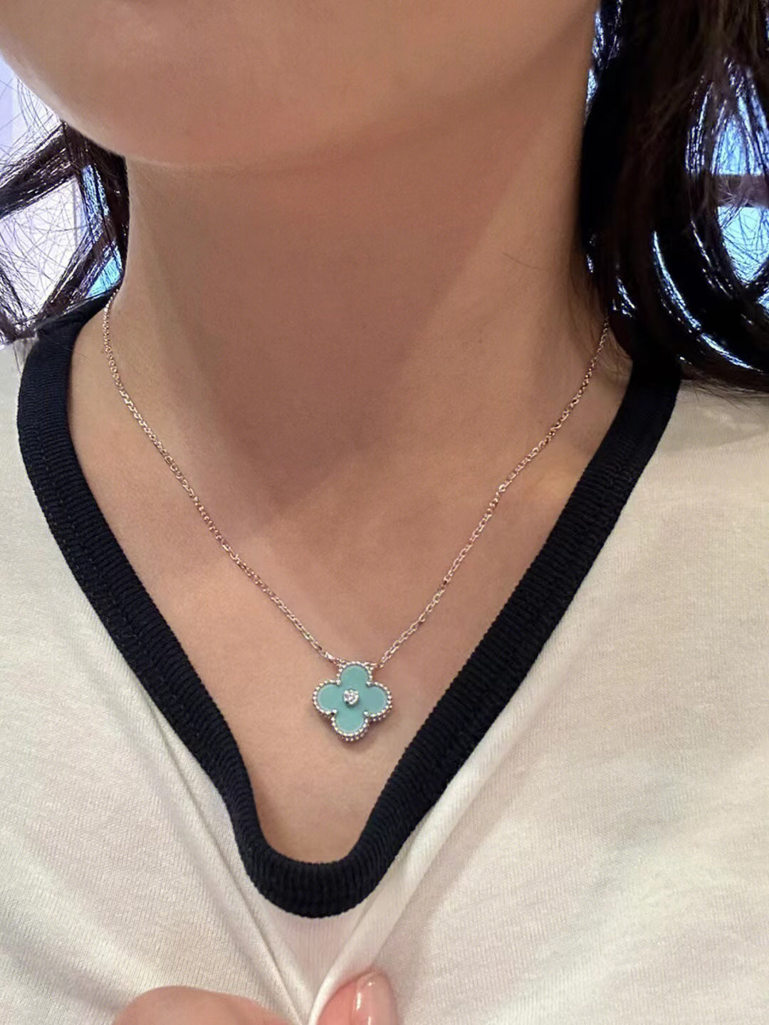 [OrnoraJewelry]CLOVER 1 DIAMOND LIGHT BLUE SILVER NECKLACE